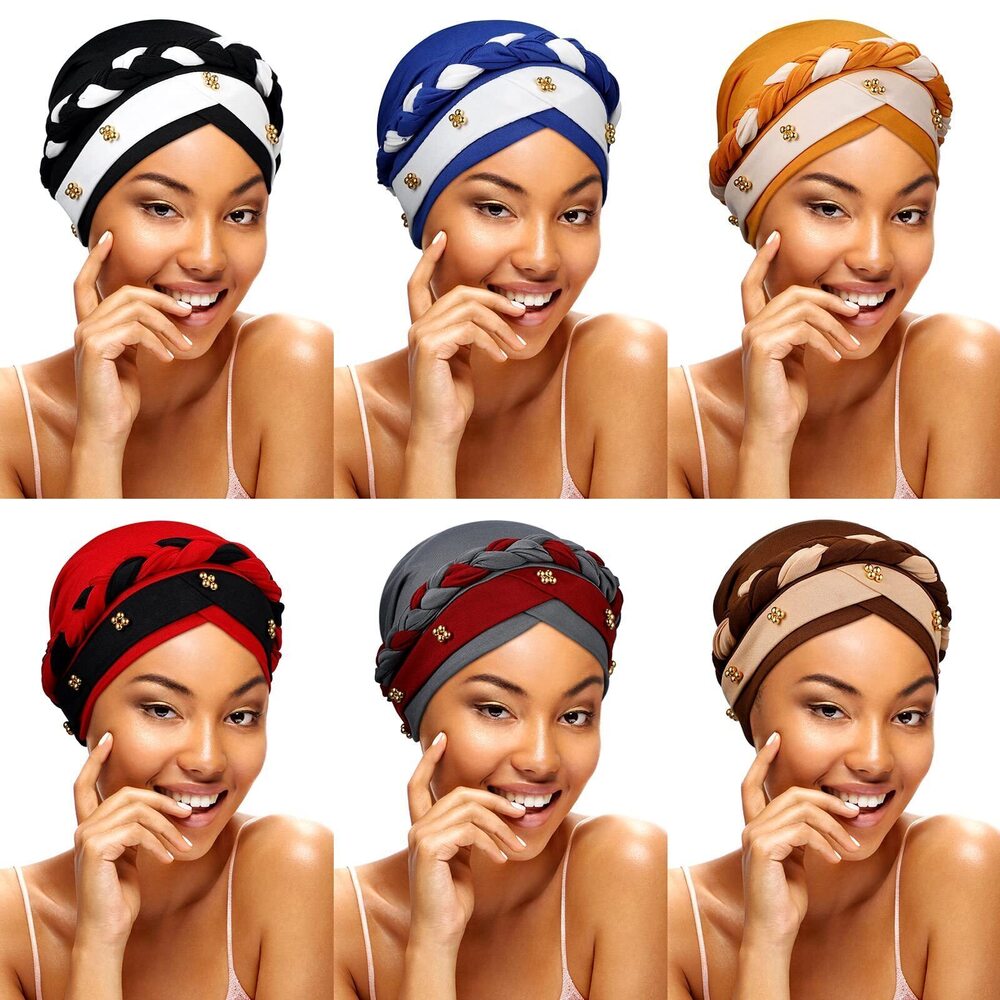 1267 6 Pcs African Turban Head Wraps for African Solid Color Beanie